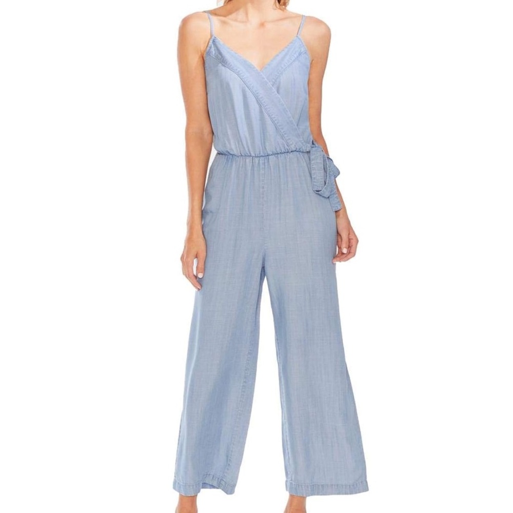 Vince Camuto Sleeveless Wrap Front Side Tie Jumpsuit Light Chambray Blue XXS